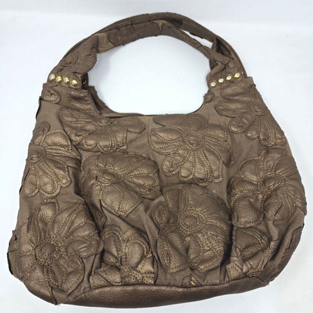 BIG BUDDHA Hibiscus Canvas Shoulder Tote Bag Bronze Tan Neutral Floral Y2K‎ Boho